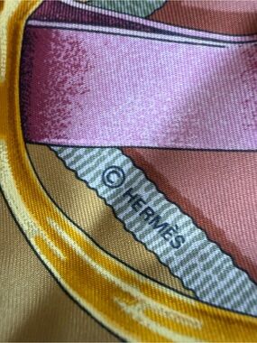 Hermes Pink, Yellow and Peach Silk Scarf Detail